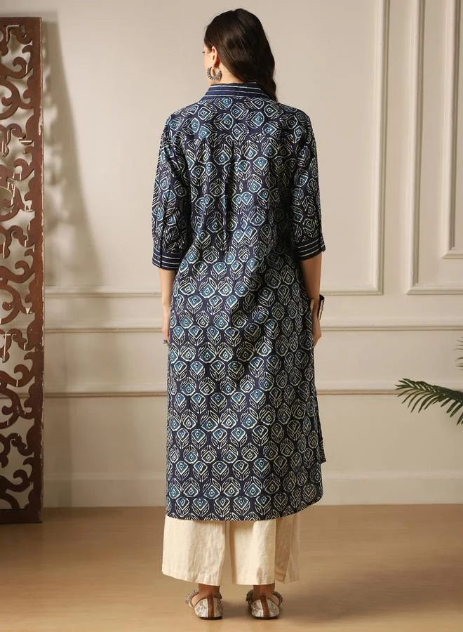 globus Women Indigo Collared Ethnic Floral Print Kurta